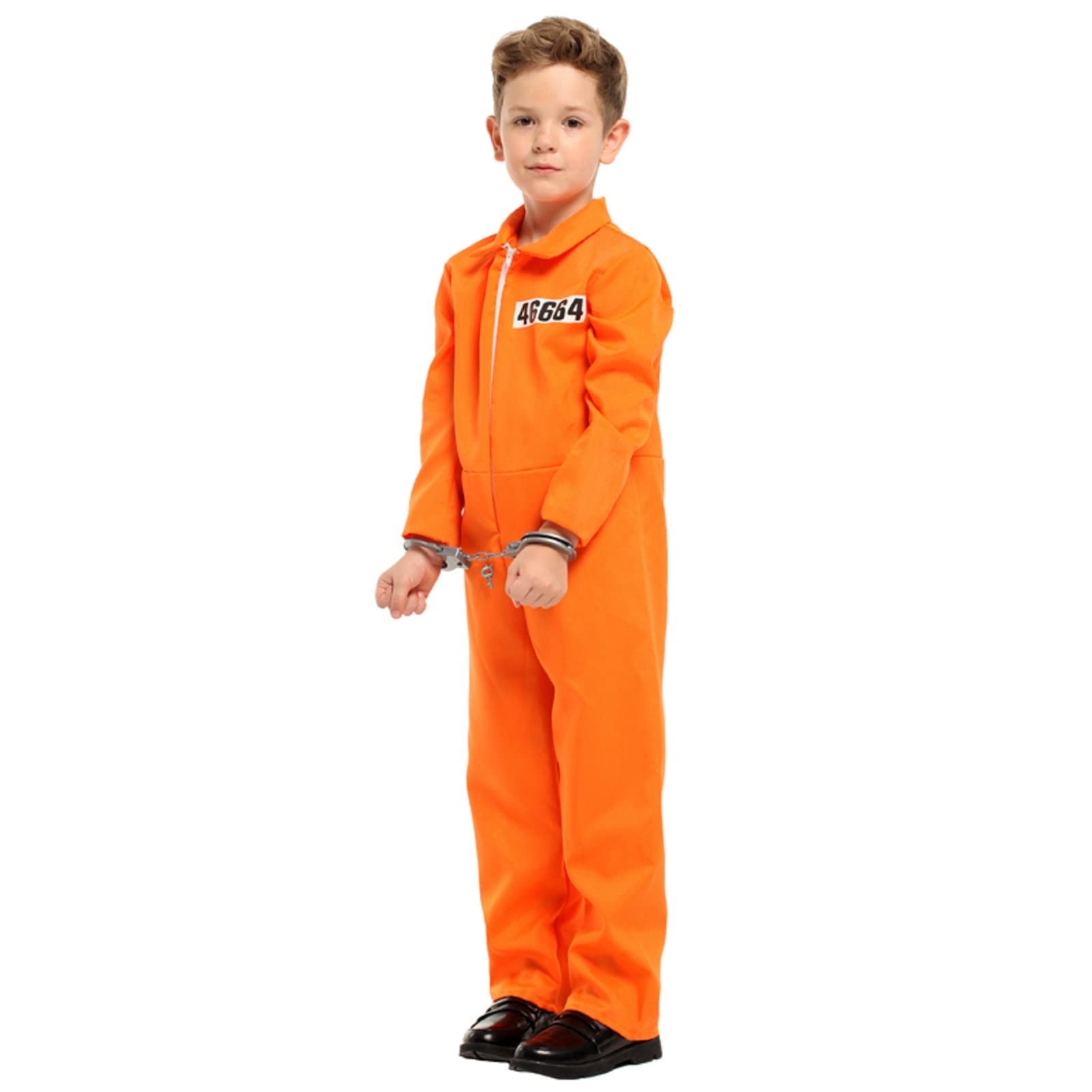 animacoser Prisoner Costume Kids,Orange Prisoner Jumpsuit with Handcuffs,Jailbird Inmate Prison Uniform,Halloween Costume for Boys Girls - Image 2