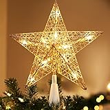 Brizled Silver Christmas Tree Topper, 9“ Christmas Star Tree Topper with 10 Warm White Lights, Pre-lit Glittered Star Treetop, 120V UL Listed Lighted Xmas Treetop for Christmas Tree Home Decorations