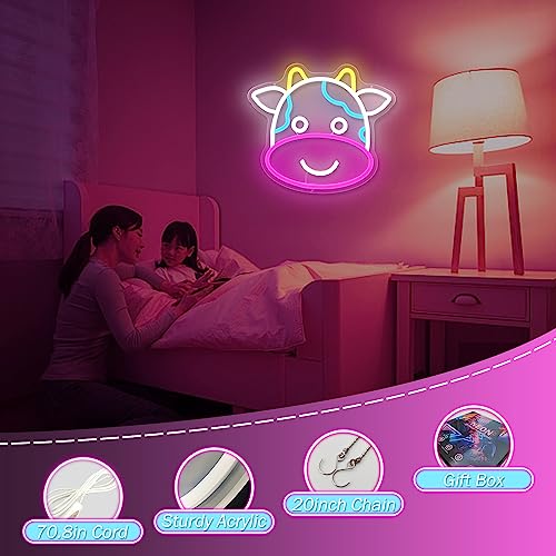 Image of Cow Neon Sign Cute Cow Neon LED Signs for Wall Dimmable Light Up Signs for Kids Room Bedroom Led Lights Sign Decor Animal Night Light Gift for Boys Girls USB Powered