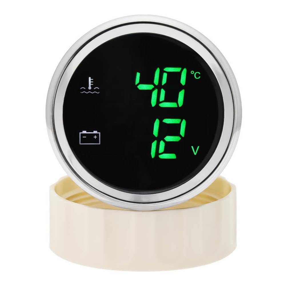 52mm 2 in 1 Digital LED Gauge with Green Backlight Water Temperature and Voltage Meter Waterproof for 12V 24V Systems Compatible with Various Cars Boats and Custom Applications(BS)