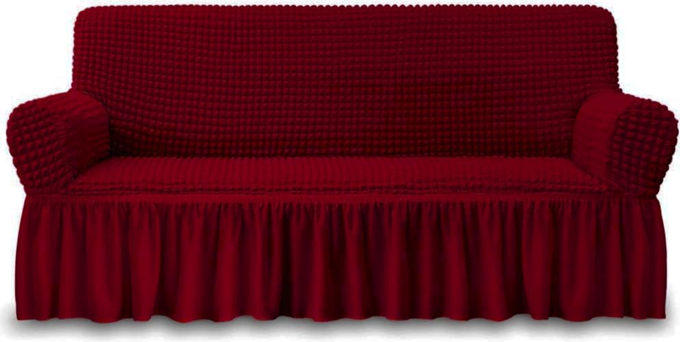 Image of Bails Sofa Cover 3 Seater Fully Covered | Turkish Elastic Sofa Cover | Sofa Cover 3Seater | Universal Elastic Bubble Fabric with Frill Sofa Protector Cover (Red, 3 Seater)