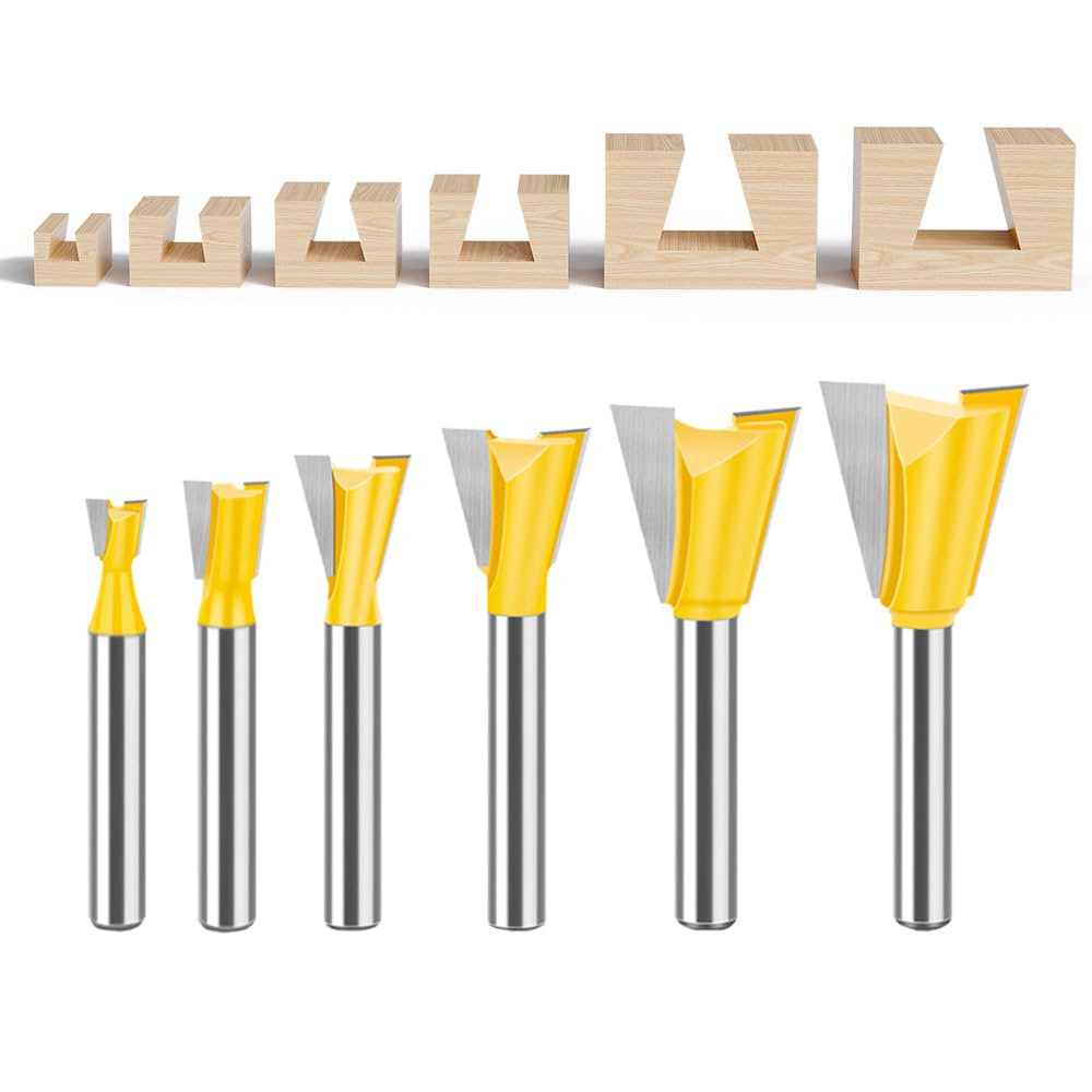Set di 6 punte per fresa a coda di rondine, codolo da 1/4 di pollice, semi-cieco e a coda di rondine, per lavorazione del legno, utensili da 1/4", 3/8", 1/2", 5/8", 3/4", 7/8"