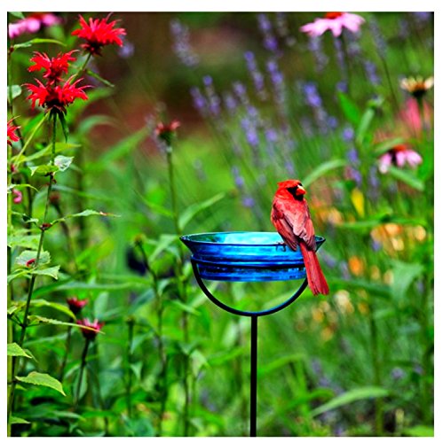 Romantic Decor and More Cuban Mosaic Garden Stake Birdbath Feeder G467VF Recycled Glass Birdseed Mealworm Bowl Container with Adjustable Height Stake - Aqua - Thumbnail 6