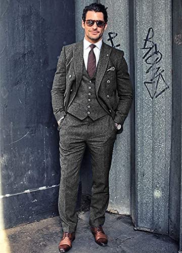 Vintage Mens Suit 3 Pieces Tweed Herringbone Regular Fit Business Jacket Classic Blazer Vest Sets Wedding Grooms2
