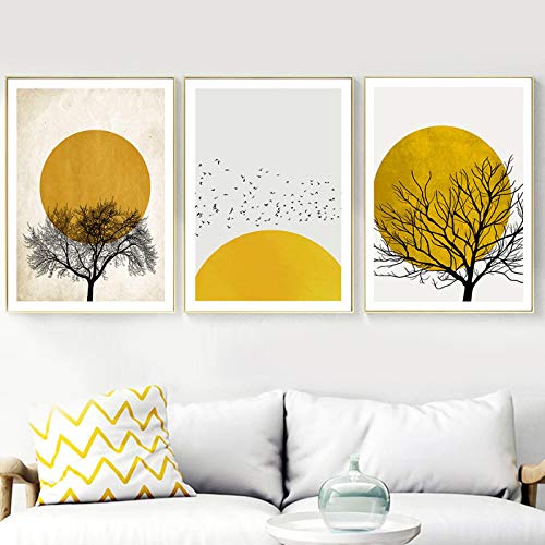 Peinture affiches et impressions abstraites arbre soleil minimaliste 3 pièces 50x75 cm pour salon