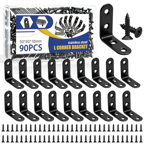 Image of mankk 90PCS L Corner Brackets Black Mending Plates Metal Bracket Stainless Steel Flat Brace Brackets Fixed Connecting Plate for Wood Repair Fixing