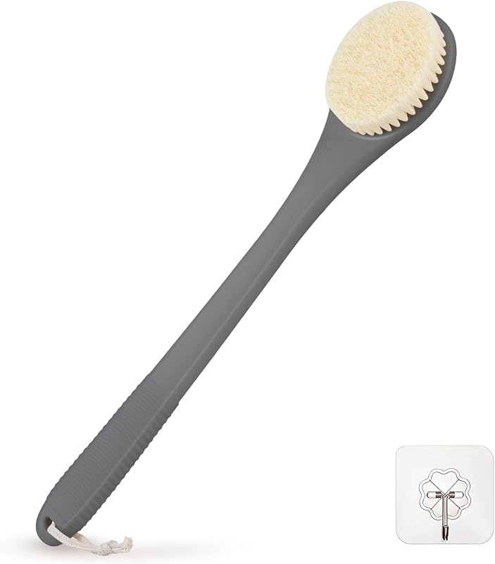 Escova corporal para banho FY&XZH com cabo longo de 43 cm, cerdas sintéticas, alça antiderrapante e gancho adesivo, cinza