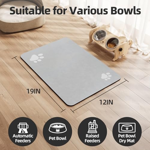 Dog Cat Food Mat Pet Bowl Mat Absorbent No Stains Quick Dry-Innovative Pet Supplies Dog Cat Accessories-Water Dispenser Mat for Messy Drinkers-Light Grey with Paw Pattern 12"x19"