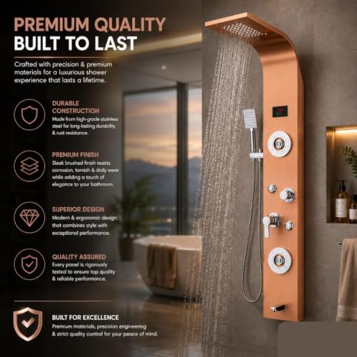 Image of ZeeCry 7 in 1 Full Set Stainless Steel 304 Shower Panel for Bathroom with Hand Shower /Showerhead /Body Massage Jets /Shower System with Hot & Cold Mixer (3 function hand shower) (Rose Gold)