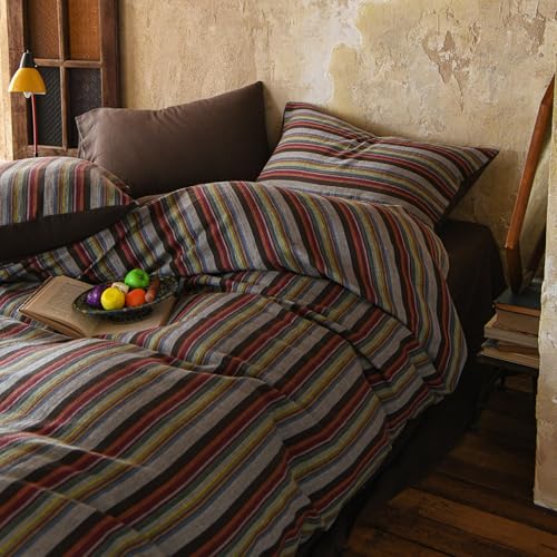 Image of EAVD Retro Striped Duvet Cover Set King Soft 100% Cotton Muslin Bohemian Colorful Vertical Striped Bedding Set with 2 Pillowcases Rustic Farmhouse Style Geometric Pattern Duvet Cover with Zipper
