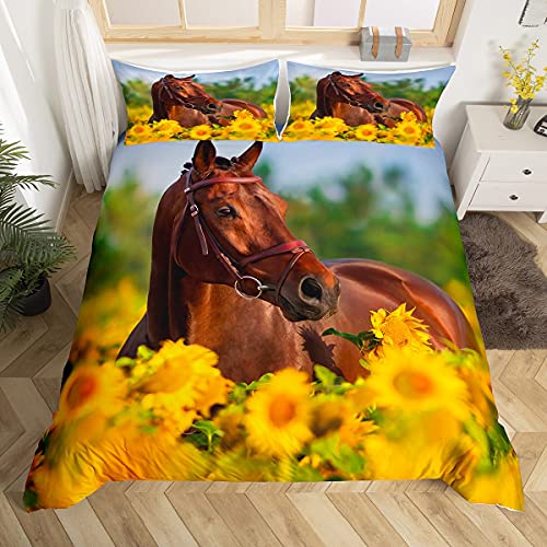 Brown Horse Comforter Cover Set Western Cowboys Farmhouse Theme Bedding Set Wild Animal Horse Decor Duvet Cover For Adult Boys Teens Sunflower Printed Bedspread Yellow Floral Pattern Quilt Cover,King #TOP29