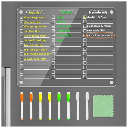 PigPotParty Acrylic Magnetic to Do List Whiteboard for Refrigerator, 12x9.5 Inch Clear Dry Erase...