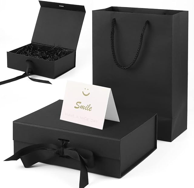 soosable [1 Set] 4 in 1 Black Gift Box(23x17x7cm) with Ribbon + Bag(28x20x8cm) + 20g Raffia Hamper Shreds + A Card, Magnetic Foldable Decorative Gift Boxes, Gift Wrapping Set