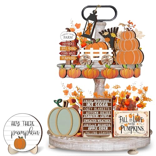 15 Pcs Fall Tiered Tray Decor, Pumpkin Fall Decorative Signs, Aut...
