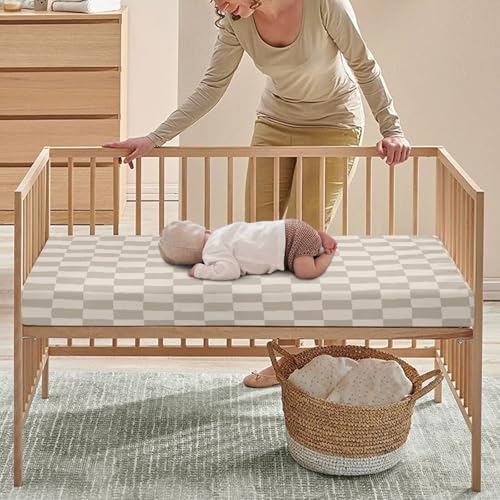 Image of Checkered Baby Crib Sheets for Boys Girls Plaid Geometric Gingham Fitted Crib Sheet for Standard Crib and Toddler Mattress Checkerboard Grid Baby Mattress Sheets Toddler Bed Sheet 52x28x8 in