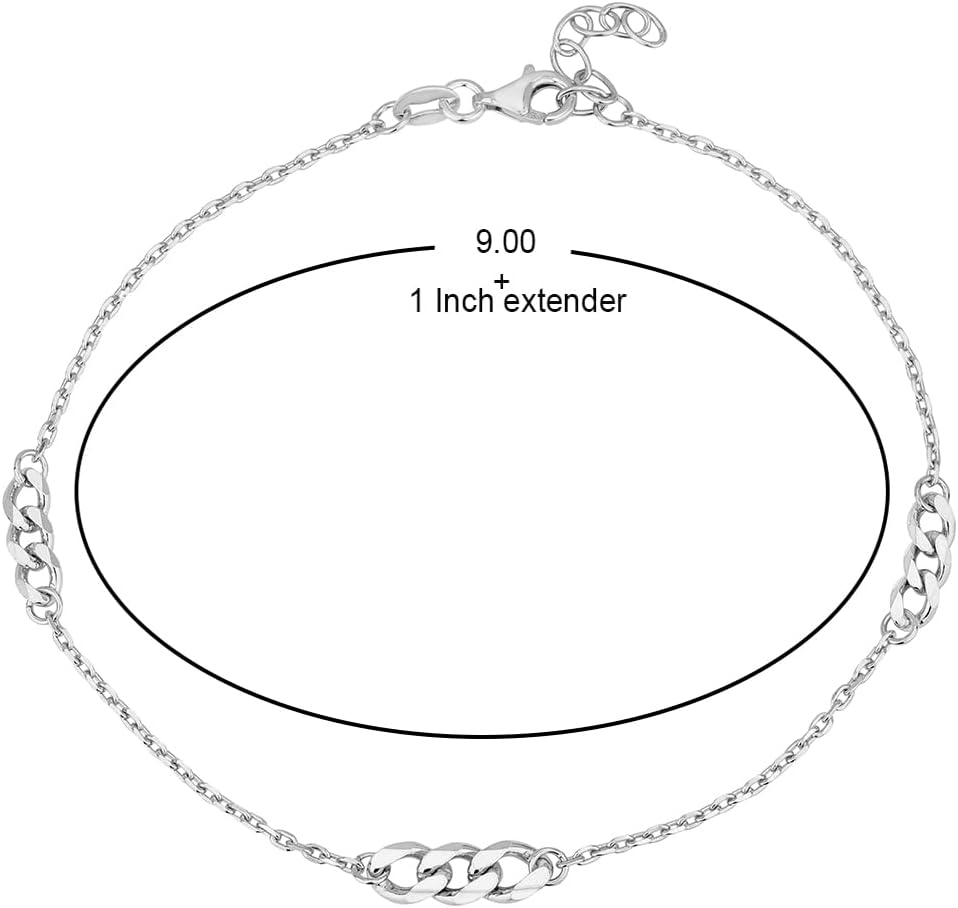 Vanbelle Sterling Silver Jewelry - Rhodium Plated with 925 Stamp - Stationed Fancy Link Chain Anklet - Beautifully Designed for Women - 9" long + 1" Extender