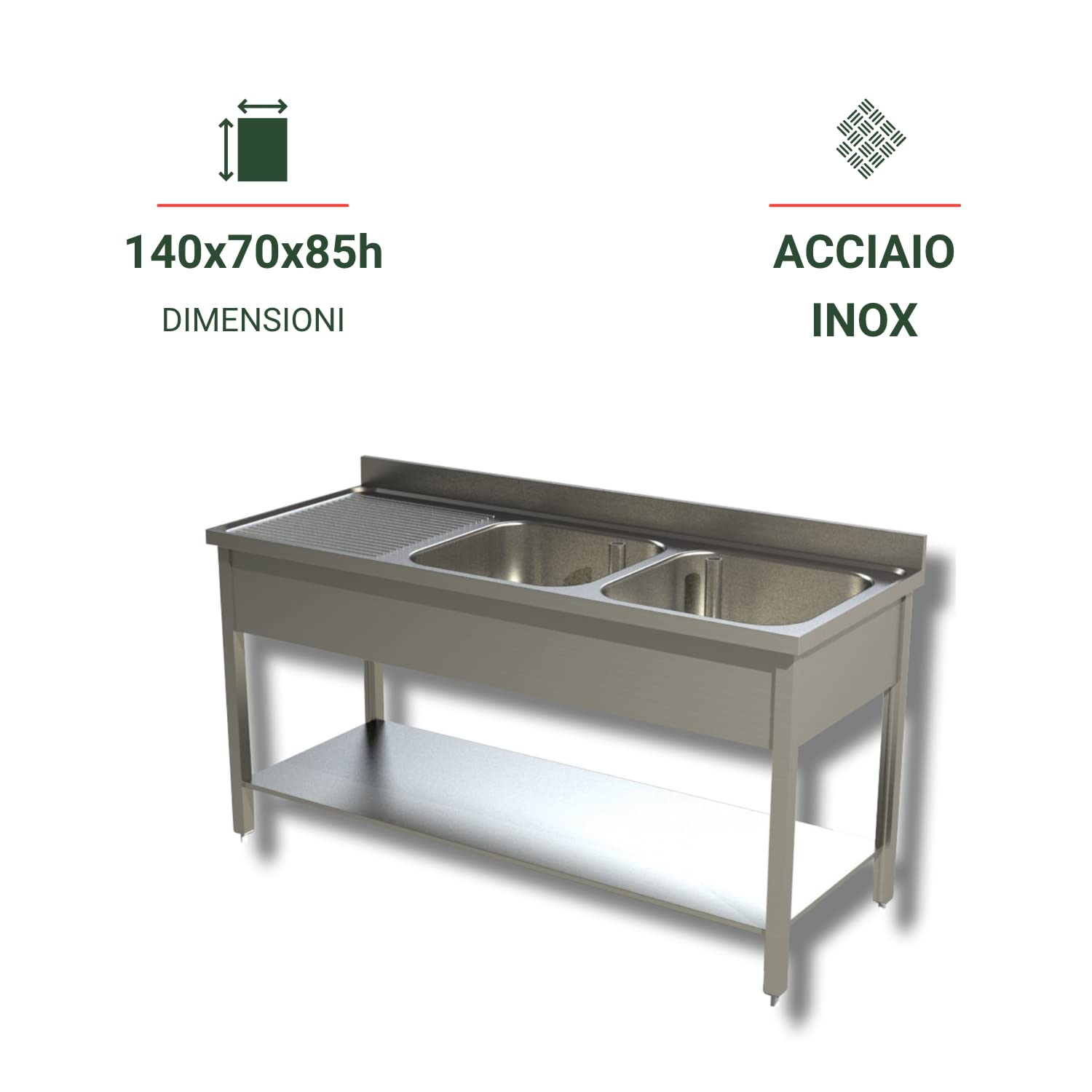 Ristoattrezzature Lavello in Acciaio Inox - Professionale, per Cucine Ristoranti e Pizzerie - 2 Vasche, Gocciolatorio a Sx - 140x70x85h