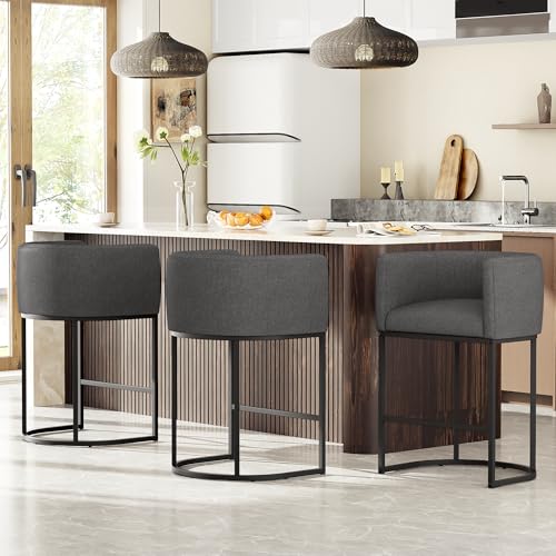 Image of 26 inch H Counter Height Bar Stools Set of 4, Modern Barrel Counter Stools with Backrest and Arms, Linen Fabric Upholstered Accent Barstools for Kitchen Island,Support 450 LBS (Carbon Black)