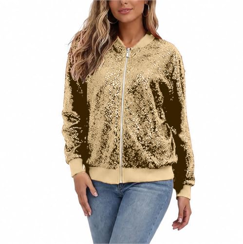 Gryvoilet Women Glitter Sequined Bomber Jacket Zip Up Rib Stand Collar Long Sleeve Cropped Sparkly Jacket Casual Party Club Coat with Pockets - image 2