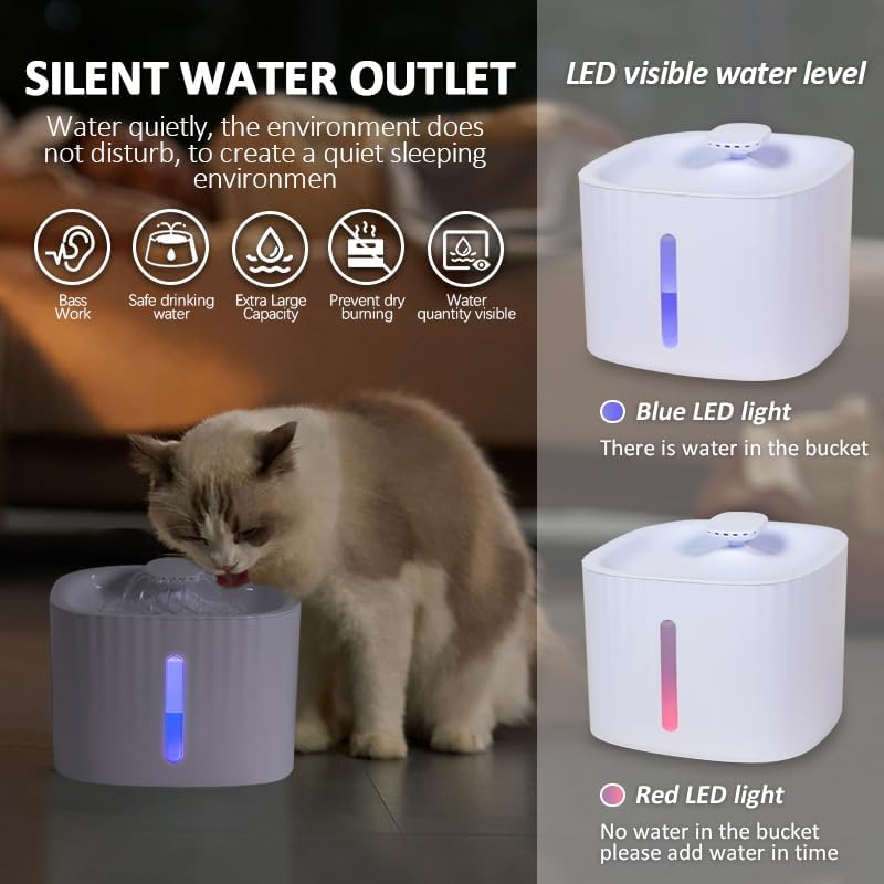 Pet Water Dispenser, LED Light Display 3L Large Capacity Intelligent Automatic 24-Hour circulating Filter pet Water Basin, Silent Design, Suitable for Cats and Dogs Drinking Water