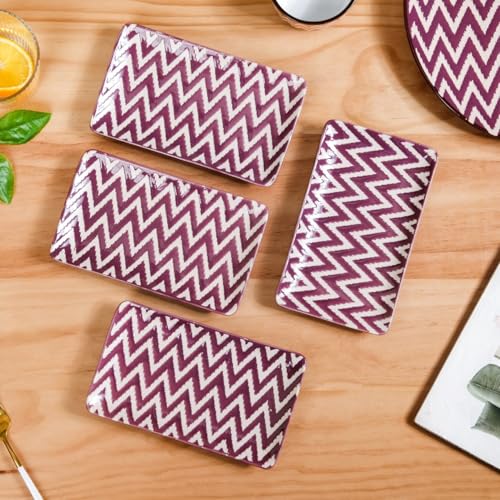 Image of Nestasia Set of 4 Ceramic Serving Platters (7 Inch Each) - Elegant Rectangular Serving Trays with Glossy Finish | Ideal for Sushi, Snacks, Starters & Gifting (Purple & White Zig Zag Pattern)