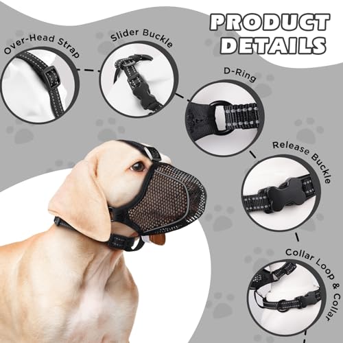 Dog Muzzle,Mesh Soft Muzzle for Small Medium Large Sized Dogs, Breathable Reflective Adjustable Puppy Muzzles with Collar for Scavenging Grooming Biting Chewing,Allows Panting and Drinking by BONTHEE - Image 2