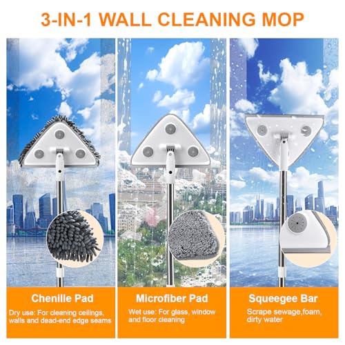 MUEE Window Cleaning kit, 3 in 1 Adjustable Window Washing Squeegee Kit with Extension Pole, Squeegee Window Cleaner Tool with 6 Replacement Pads, Wall Washer Cleaning Tool for Walls/Glass/Window