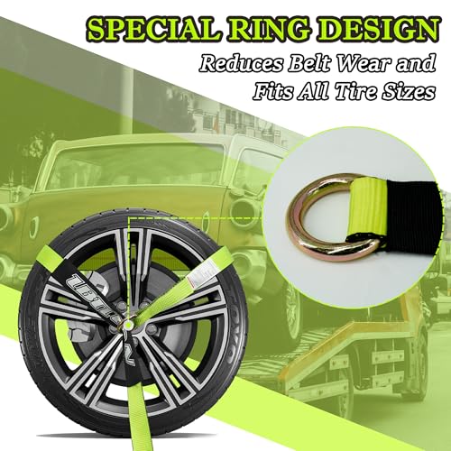 4 Pack Car Tie Down Straps for Trailers with Heavy Duty Chain Anchors 2" x 96" - 3,300 lbs Safe Working Load -Adjustable Wheel Straps with Chain Hook Anchors for Trailers.Green by IBITION - Image 2