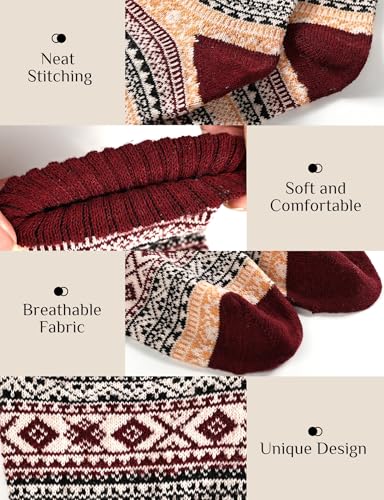 5 Pairs Womens Vintage Winter Wool Socks Cozy Soft Warm Thick Multicolor Knit Crew Socks Free Size Christmas Gifts4