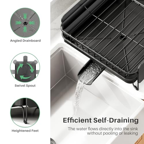 Image of Large Expandable Dish Drying Rack for Kitchen Counter, 19.3-29.4 in, Black | Family Size Capacity, Adjustable Dividers for Pan, Lid & Cutting Board, Stainless Steel, Rotating Spout, Utensil Holder