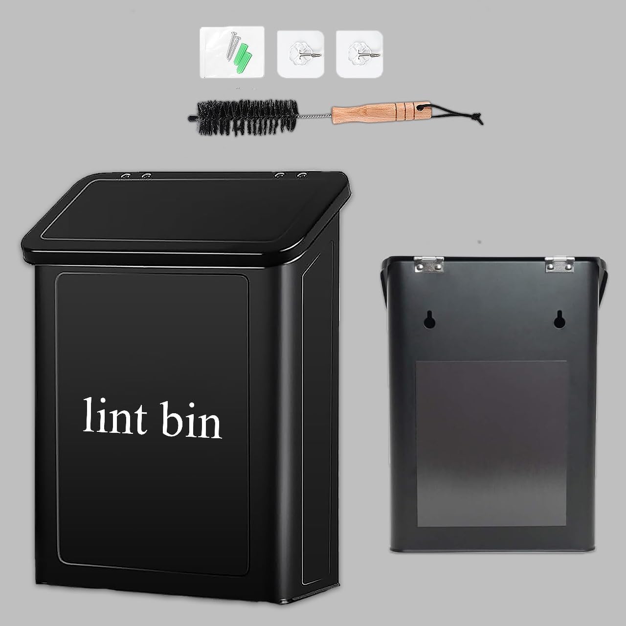Magnetic lint bin with brush hooks lid for laundry