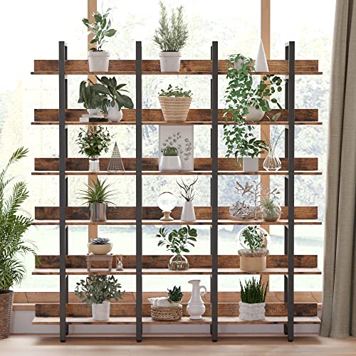 Ironck Bookcase And Bookshelves Triple Wide 6-Tiers Large Open Shelves, Etagere Bookcases With Back Fence For Home Office Decor, Easy Assembly, Vintage Brown #TOP1