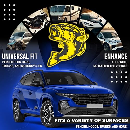 Image of Bass Emblem 3D Fish Badge - Custom Car Sticker for Car, Truck, SUV, Trunk, Hood, Fender - Set of 2 (Yellow)