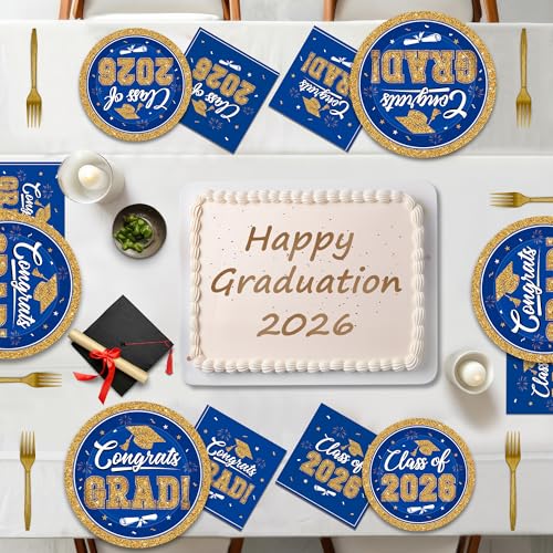 Image of QZYL Graduation Party Supplies Set for 50 Guests, Blue and Gold Graduation Plates and Napkins 2026, 200Pcs Disposable Grad Plates, Napkins, Dessert Plates and Forks for 2026 Grad Ceremony