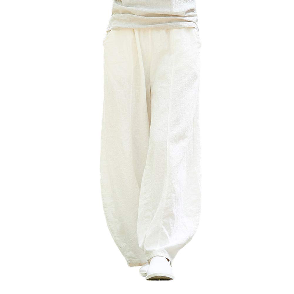 HwayslonWomen's Cotton Linen Baggy Pants Casual Wide Leg Pants with Elastic Waist Relax Fit Lantern Trousers (White, M)