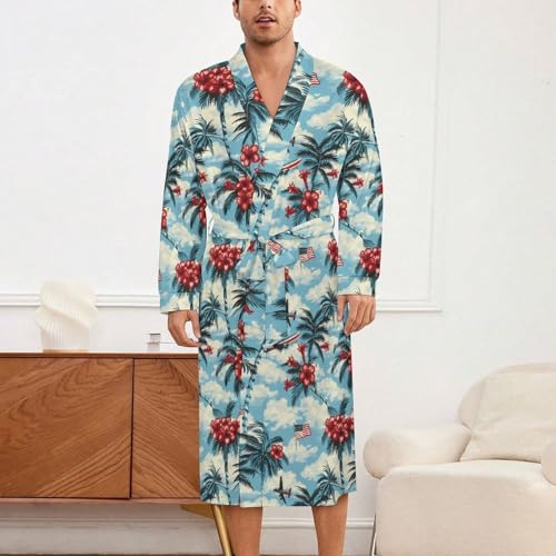 Palm Trees Hibiscus U.S. Flag Soft Robe Long Sleeve Bathrobes V Neck Sleepwear Spa Robes with Belt Men Woman2