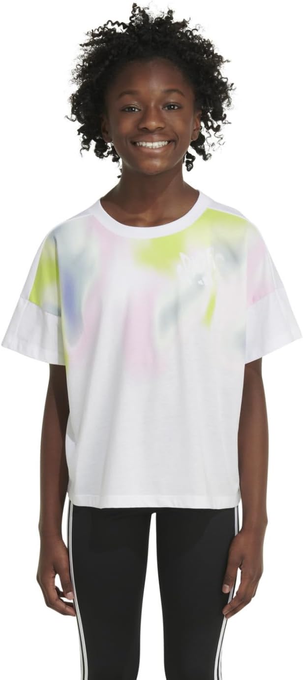 adidas Girls' Little Short Sleeve Loose Boxy Tee, White with Multicolors, X-Large