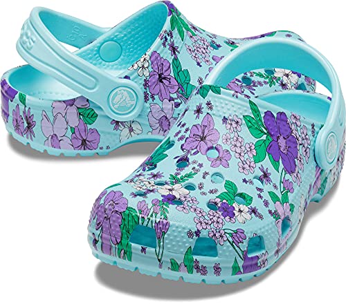 Image of Crocs Kid's Crocs Kid's Classic Floral Clog|Water Shoe for Toddlers|Slip On Girls' Sandal Shoe, Ice Blue, C10 M US Toddler