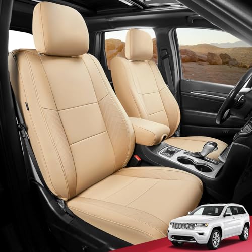 FREESOO for Jeep Grand Cherokee Seat Covers 2011-2021, Luxury Waterproof Leather Car Seat Cover, Automotive SeatCovers Protector Cushion Accessories, Beige Full Set