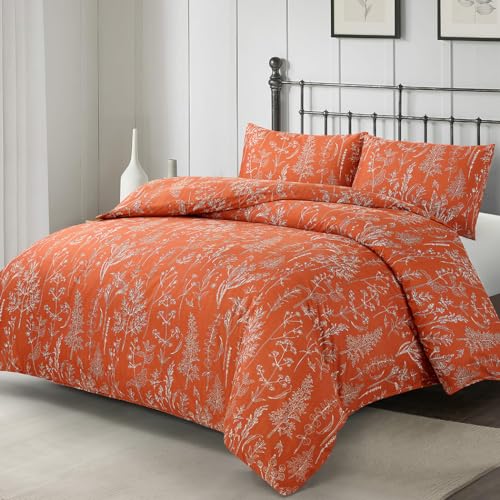 Image of Lekesky Floral Duvet Cover Queen Size, Burnt Orange Queen Duvet Cover Plant Flowers Pattern Bedding Set for All Season, Soft Breathable Duvet Cover with Zipper Closure & Corner Ties