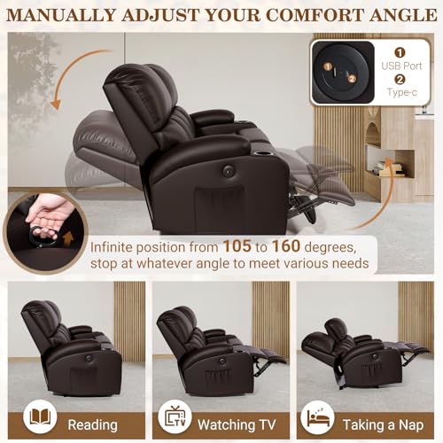 Image of CHABATREE Home Theater Seating,RV Recliner Sofa with Massage and Heat,Manual RV Recliner Loveseat with USB /Cup Holders and Side Pocket for Living Room,3 Seater Brown
