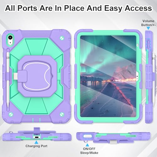 Image of WESOROL Case for iPad (A16) 11th /10th Generation 2025 /2022 with Screen Protector Rotating Stand Pencil Holder Shoulder Strap Heavy Duty Shockproof Cover for iPad 10th Gen Case,Purple Green