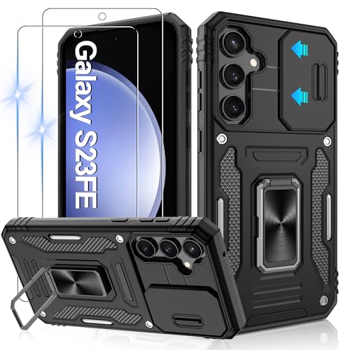 Jshru Hülle für Samsung Galaxy S23 FE Handyhülle Kameraschutz mit 2 STK Schutzfolie Militärstandard Stoßfest Schutzhülle 360 Metall Ring Ständer Case für Galaxy S23 FE Schwarz