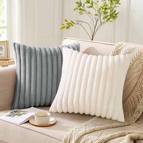 Pallene Faux Fur Plush Lumbar Throw Pillow Covers 12x20 Set of 2, Luxury Soft Fluffy Striped Decorative Pillow Covers for Sofa, Couch, Living Room, Cream White
