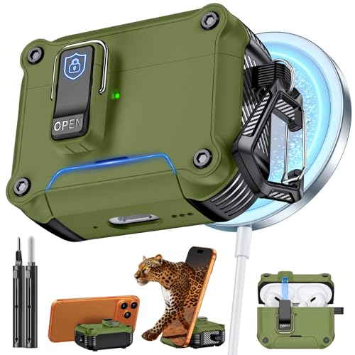 Image of Inesore for AirPods AirPods Pro 1st /2nd Case with Secure Lock (Dark Green) | Phone Stand Design,Compatible with MagSafe,Automatic Snap Switch Secure Cover with Cleaner Kit & Keychain