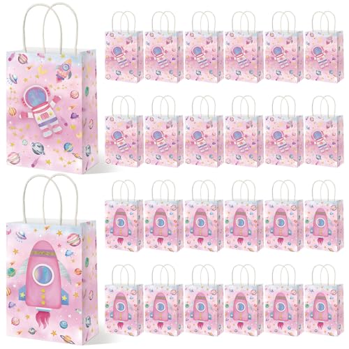 Sacs cadeaux fusée galaxie roses Geyoga | Lot de 24 pochettes en papier avec poignées pour anniversaire