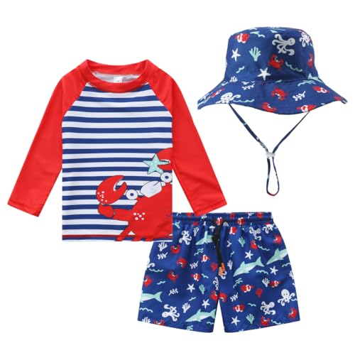 Image of Baby-Boys Toddler Long Sleeved Rashguard Swim Bathing Suit and Sun Hat Set