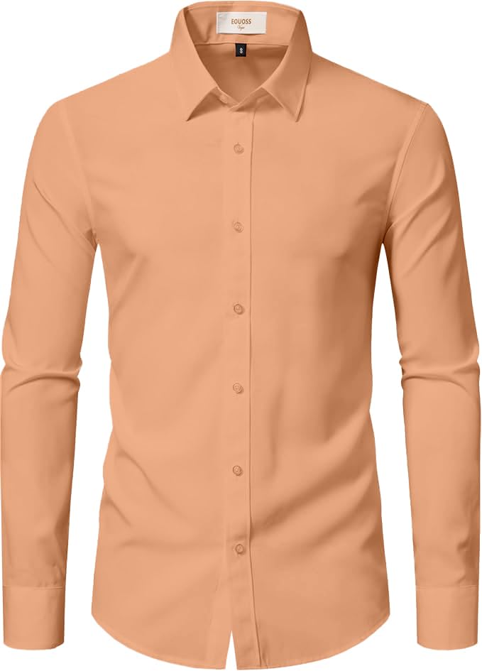 EOUOSS Camisas de vestir para hombre, elásticas, ajustadas, de manga larga, para hombre, camisas de vestir informales para negocios, ajustadas, con botones, Naranja claro, X-Large