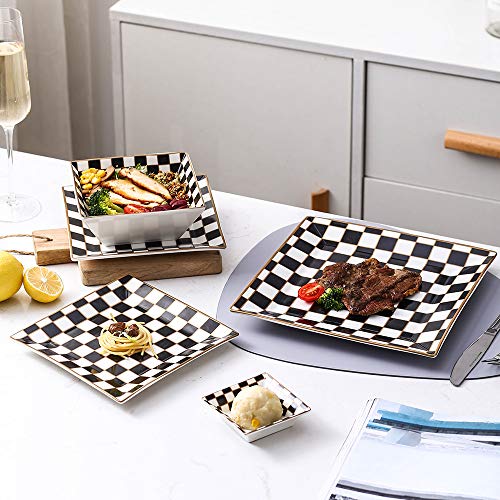 Porlien Checker Pattern 24-Piece Square Dinnerware Set For 6 With Side Dishes #TOP3