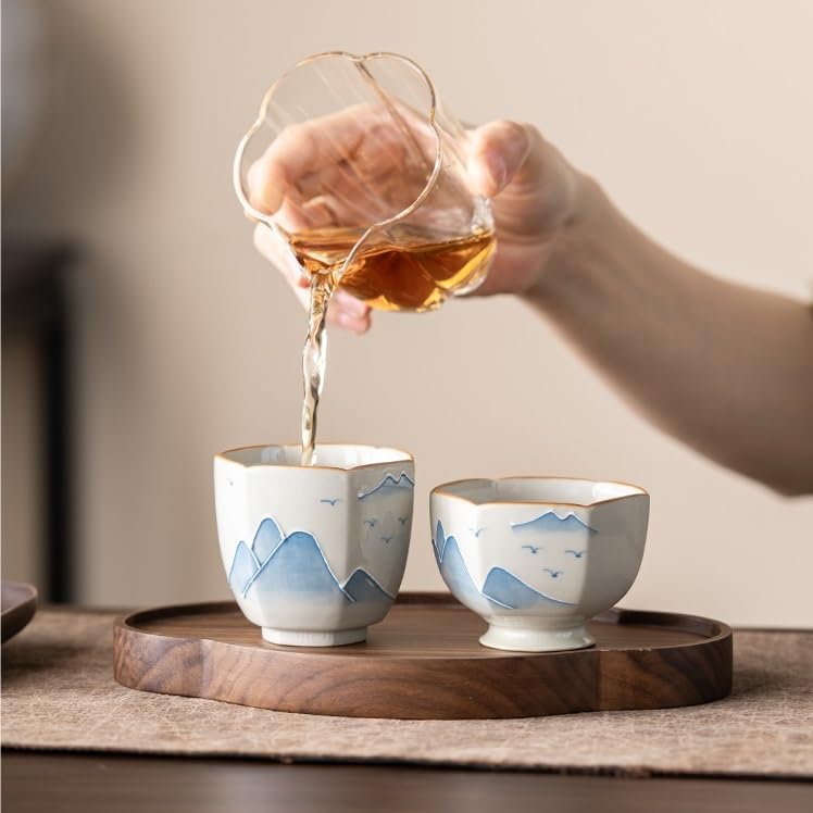 Kaffeetasse für Restaurant, Haupttasse mit handbemalter Landschaft, unter Glasur, Keramik-Teetasse Kung Fu, einfache Tasse für Zuhause, Kaffeetasse für heiße und kalte Getränke (A)